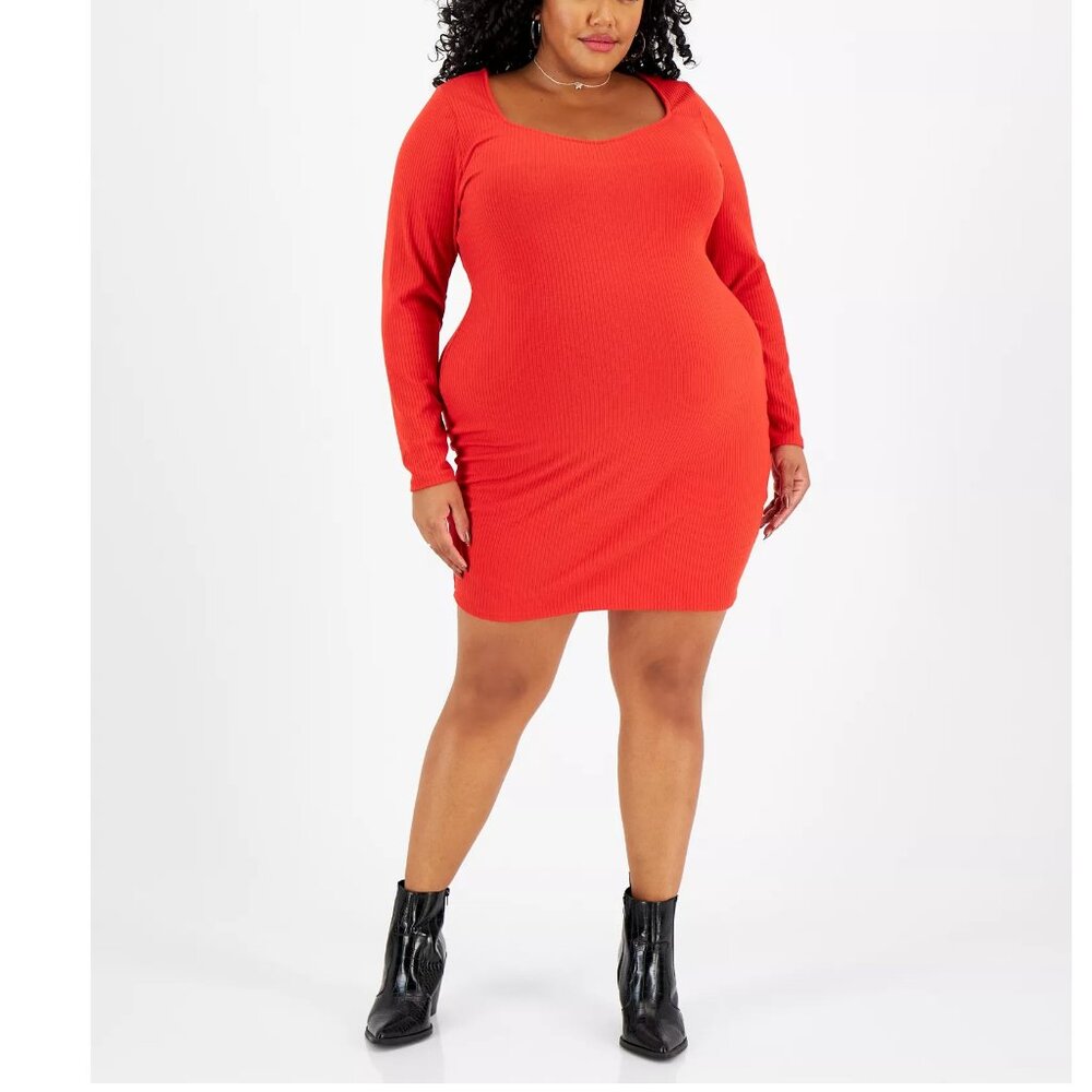 Bar III Women's Plus Size Ribbed Knit Bodycon Mini Dress, Cherry Red, 1X